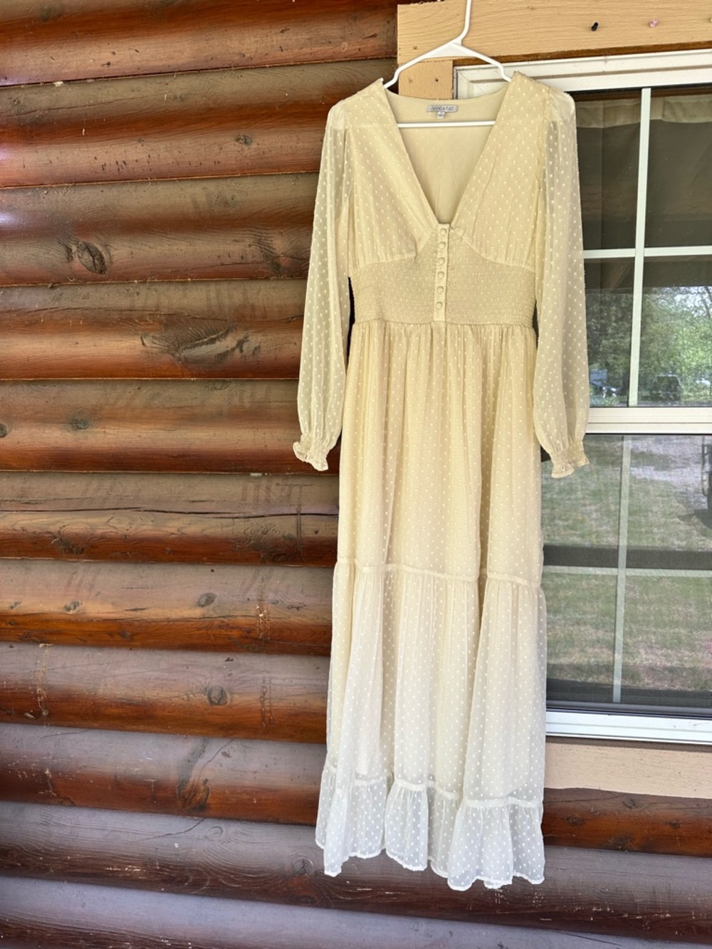Cream Swiss Dot Maxi Dress, romantic, cottagecore, regency, boho, graduation